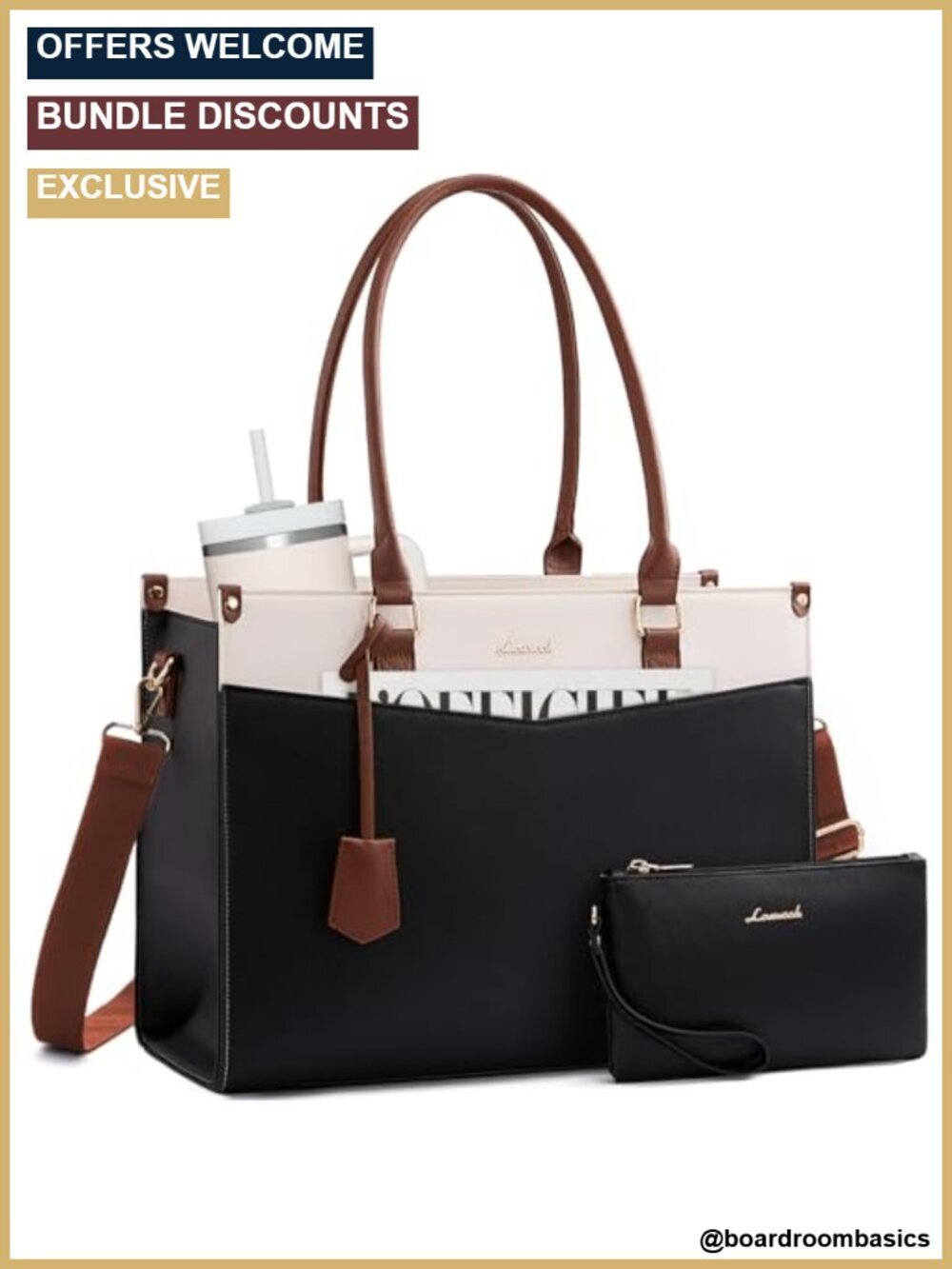 2-in-1 Laptop Tote Bag with Removable Clutch, Waterproof Faux Leather Work Bag